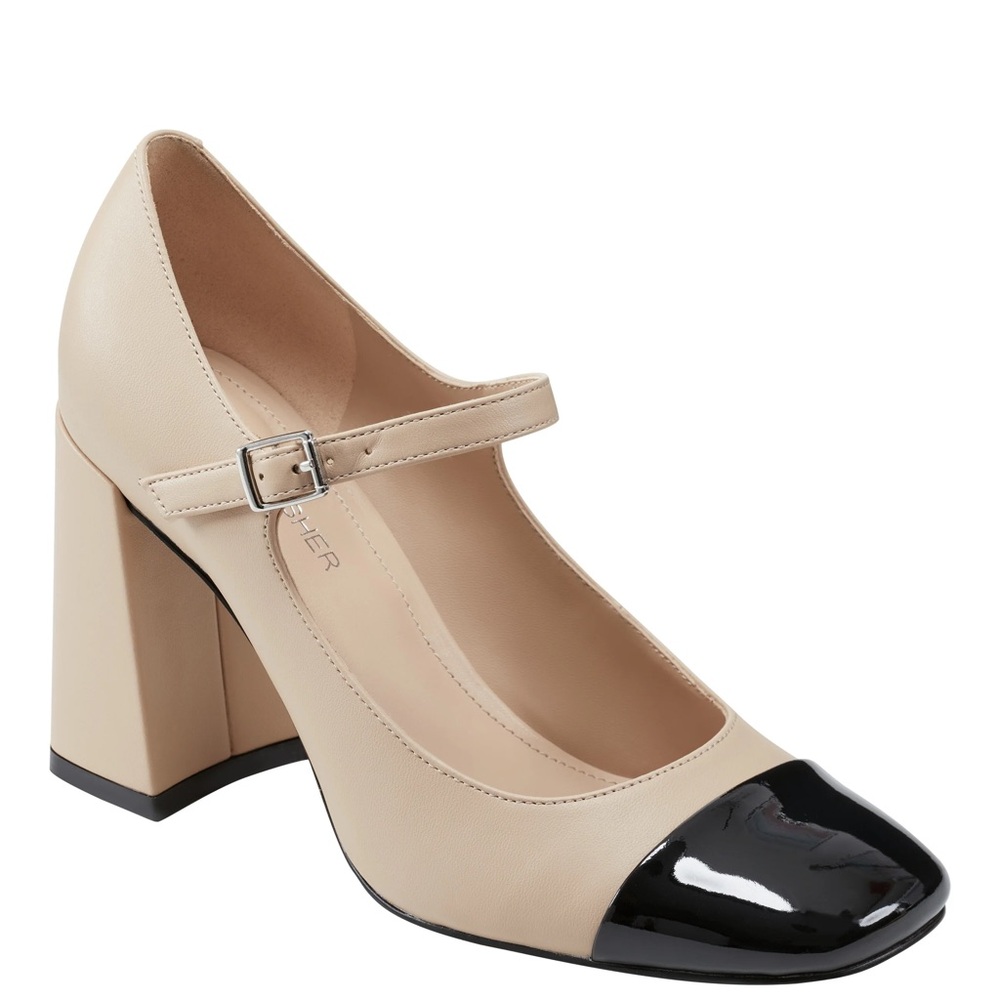 Beige and Black Block Heel Mary Jane by Marc Fisher